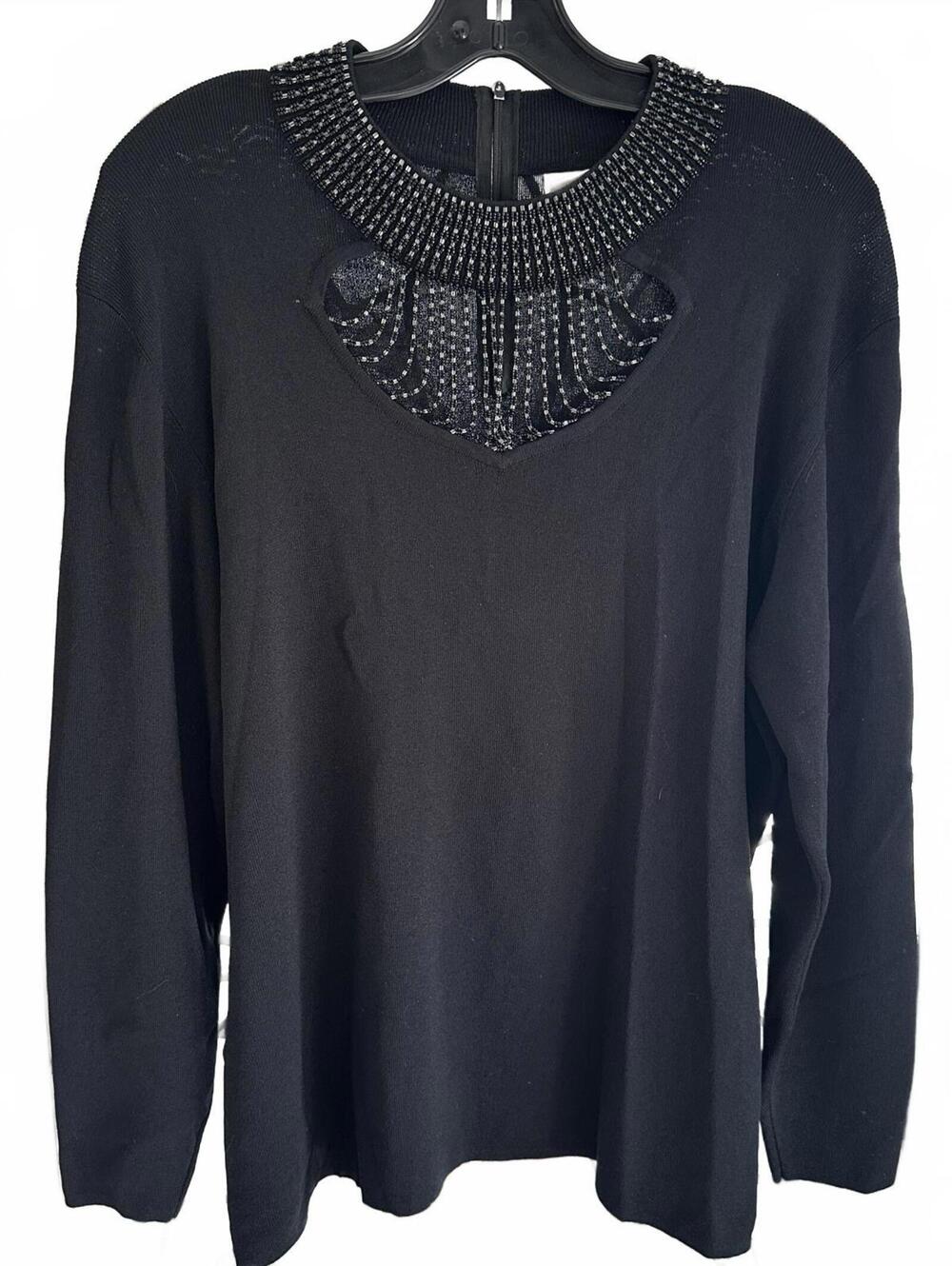 Chagall Women's Black Beaded Key Hole and Neckline Long Sleeve Top - 2XL EUC